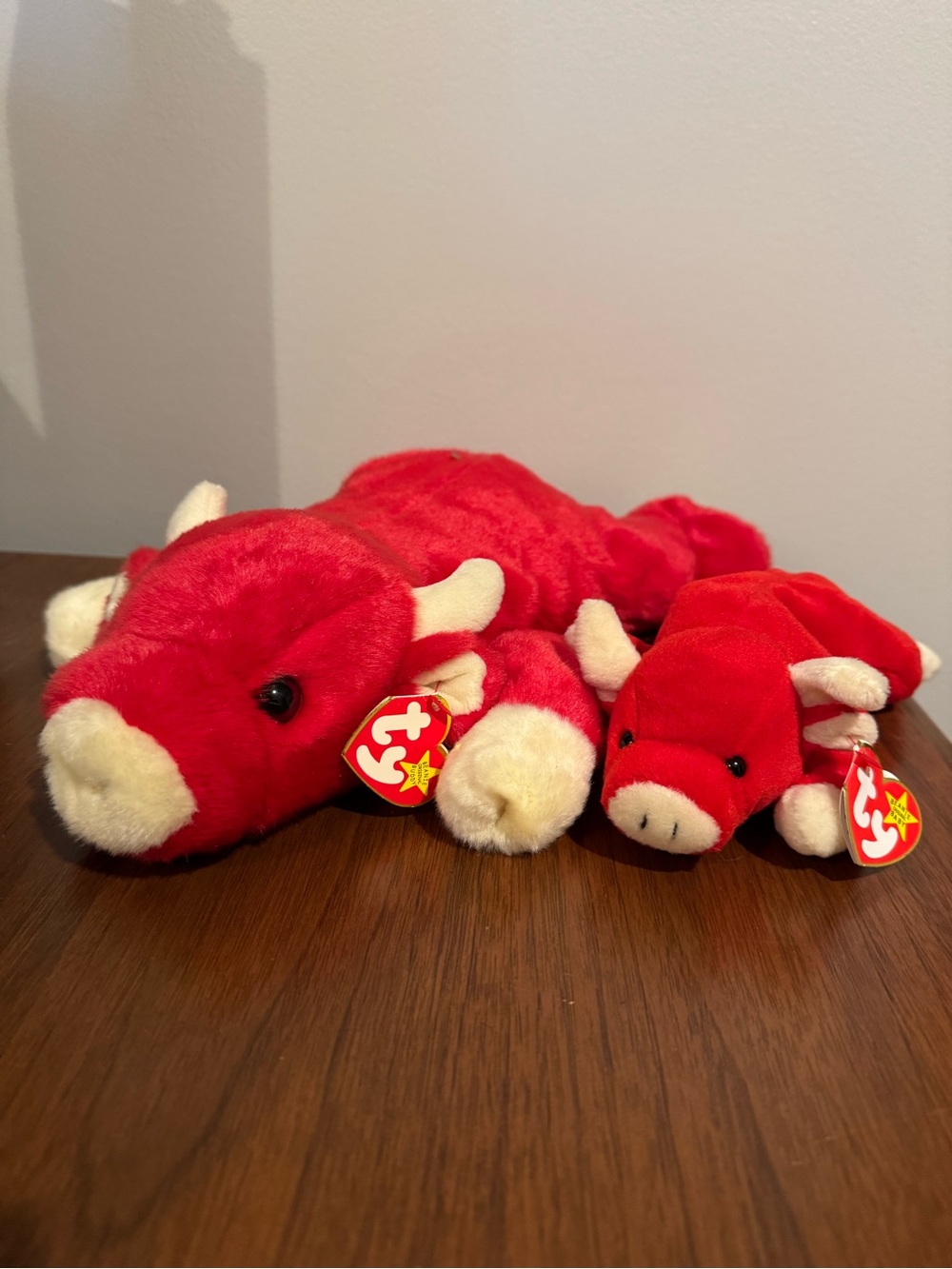 Vintage Ty Beanie Babies Set of 2 Snort the Red Bull Large and Small Plush NWT
